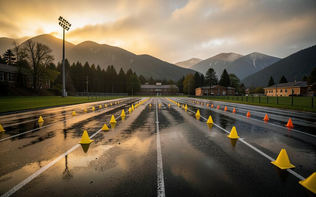An empty school running track after rain