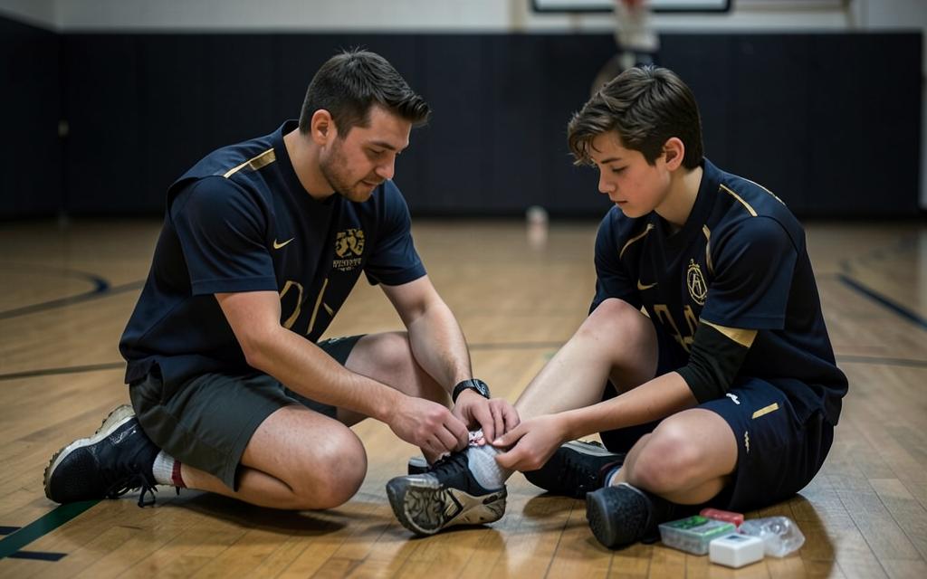 An athletic trainer helping a young athlete with an ankle wrap