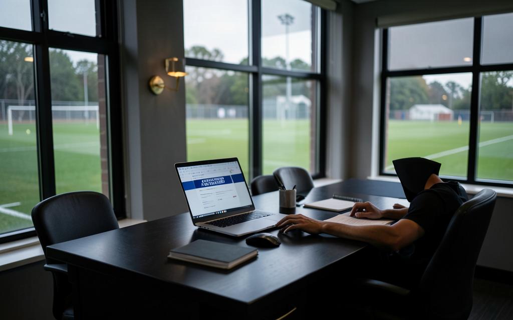 A secure athletics office workspace overlooking a school field