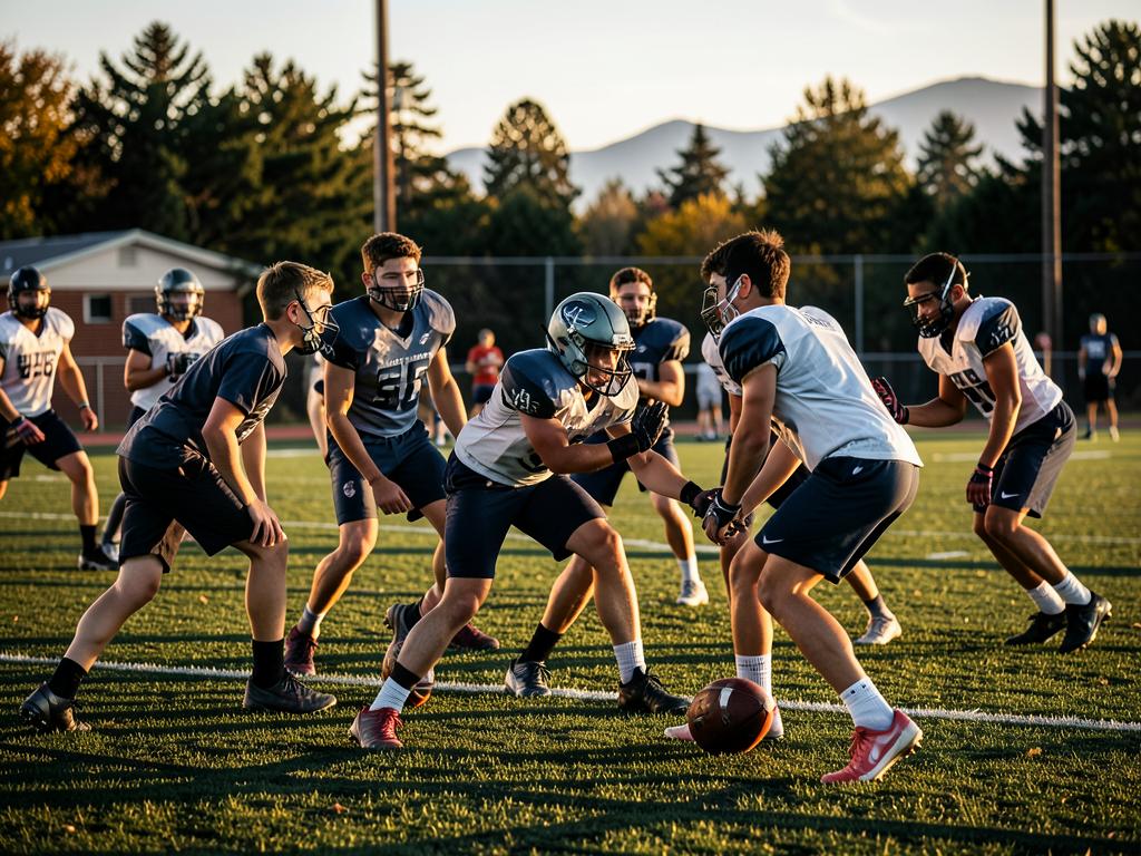 Middle school football players running a practice drill