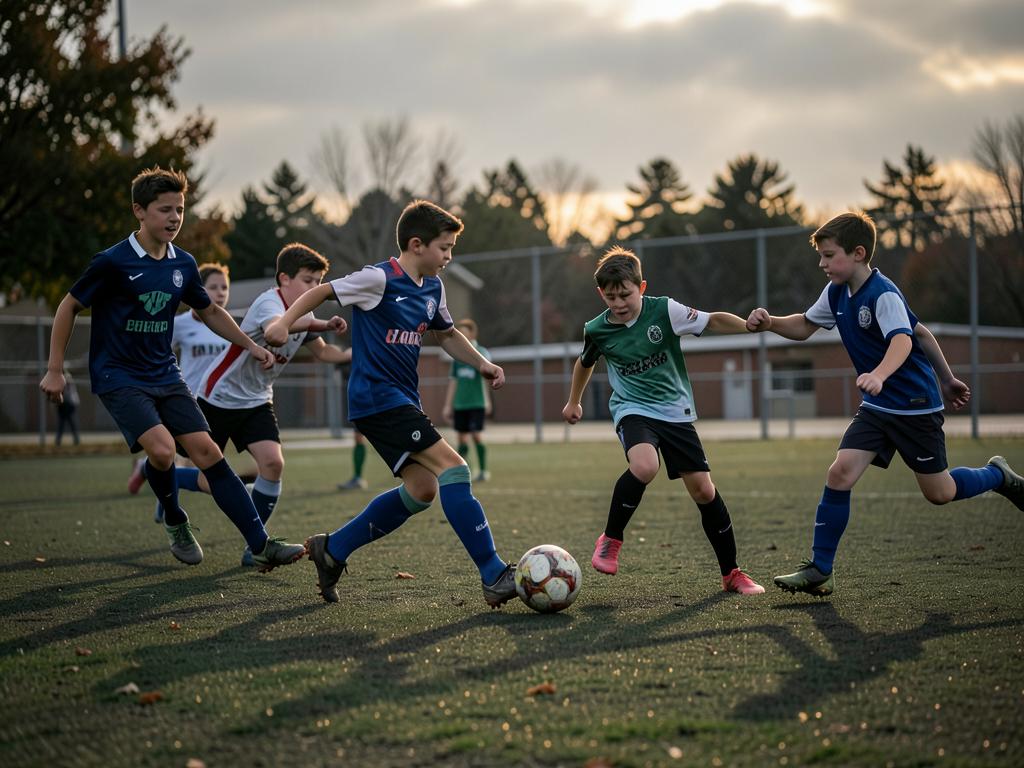 Middle school soccer players competing for the ball during practice