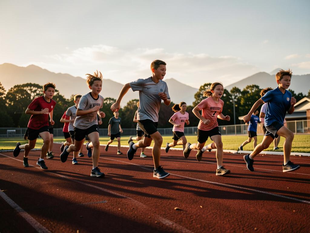Middle school track and field athletes running together on the track
