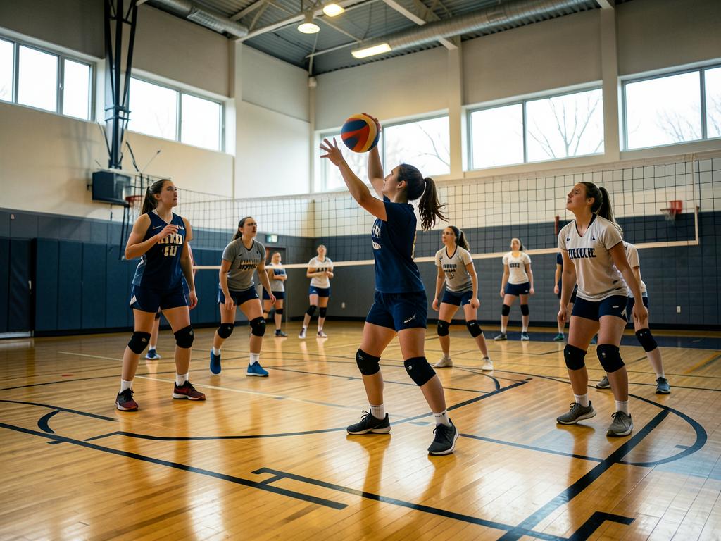 Middle school volleyball players practicing in the gym
