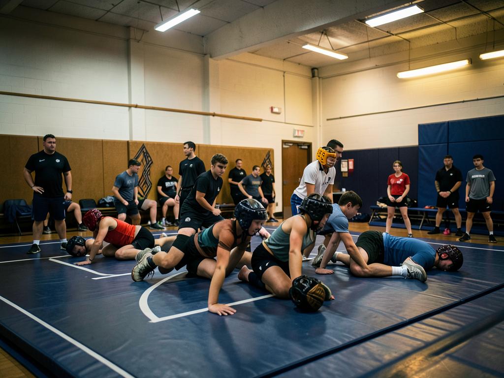 Middle school wrestlers practicing safely on the mat